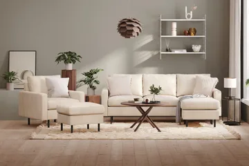 Peppe Sofagruppe 3-seters Vendbar L-formet Sjeselongsofa + Lenestol + Fotskammel i Manchester - Beige - Møbler - Sofaer - Sofagrupper