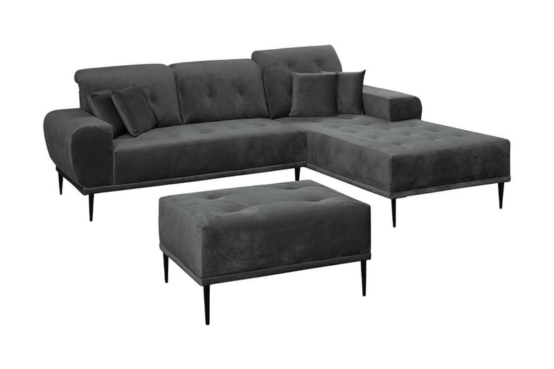 Rapale Sofagruppe Høyre med Fotskammel, Fløyel/Lysegrå/Svart