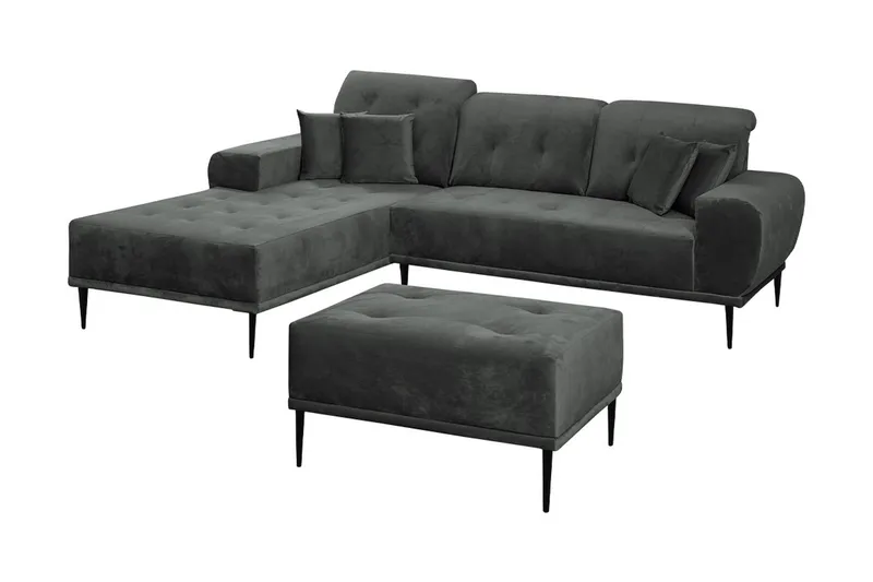 Rapale Sofagruppe Venstre med Fotskammel - Fløyel/Lysegrå/Svart - Møbler - Sofaer - Sofagrupper