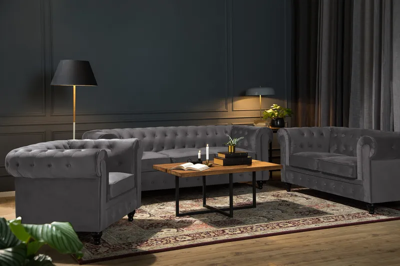 Chesterfield Luksus Sofagruppe 3+2+1 i Fløyel - Grå - Møbler - Sofaer - Sofagrupper - Sofagruppe 3 2 1