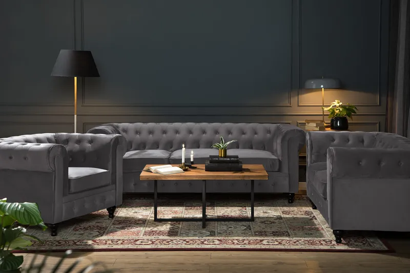 Chesterfield Luksus Sofagruppe 3+2+1 i Fløyel - Grå - Møbler - Sofaer - Sofagrupper - Sofagruppe 3 2 1
