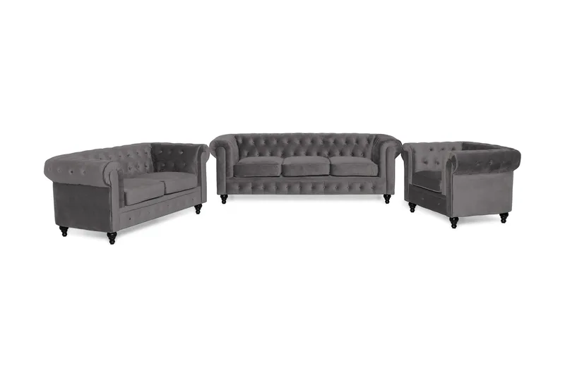 Chesterfield Luksus Sofagruppe 3+2+1 i Fløyel, Grå