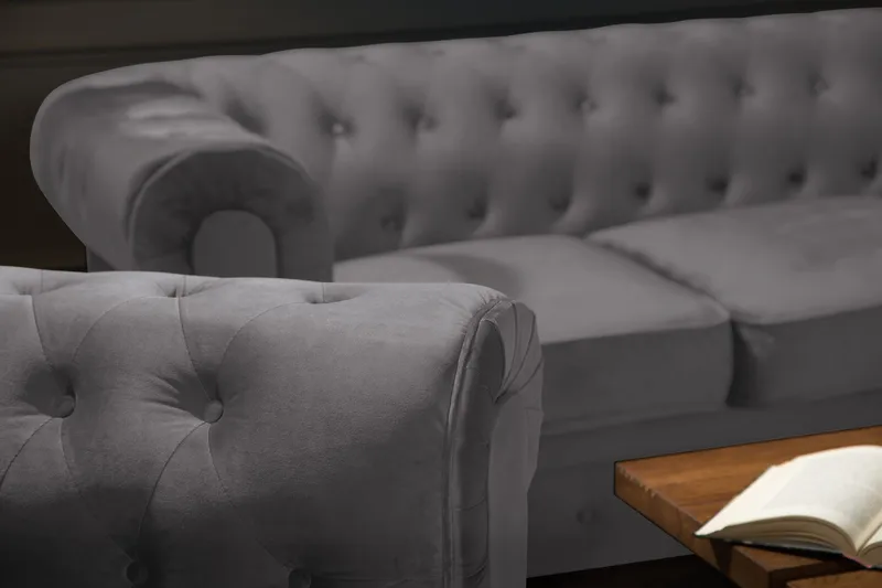 Chesterfield Luksus Sofagruppe 3+2+1 i Fløyel - Grå - Møbler - Sofaer - Sofagrupper - Sofagruppe 3 2 1