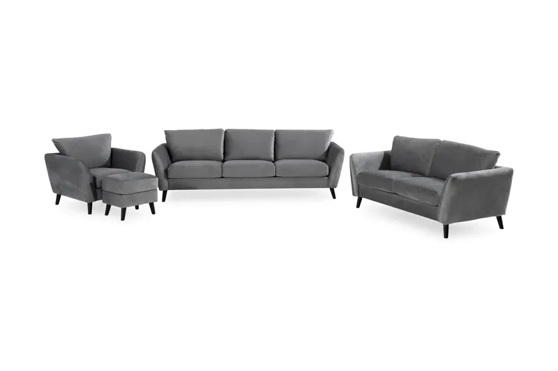 Trend Sofagruppe 3-seters + 2-seters Sofa + Lenestol + Fotskammel i Fløyel, Lys grå