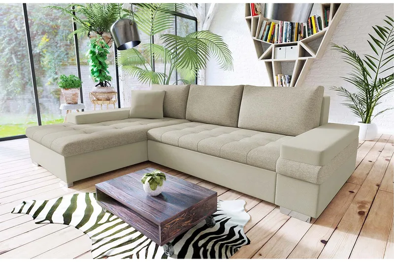 3-seter Venstre L-formet Sovesofa med Sjeselong og Oppbevaring i Fløyel - Beige - Møbler - Sofaer - Sovesofaer