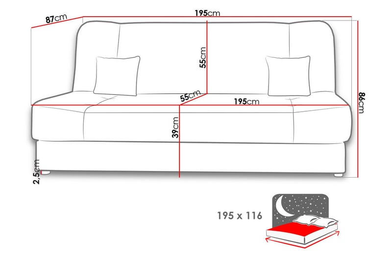 Jonas Sovesofa 195x87x86 cm - Rød - Møbler - Sofaer - Sovesofaer - 3 seters sovesofa