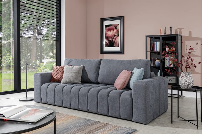 Alazaro 3-seter Sovesofa 125x197 cm med Oppbevaring i Plysj, Grå