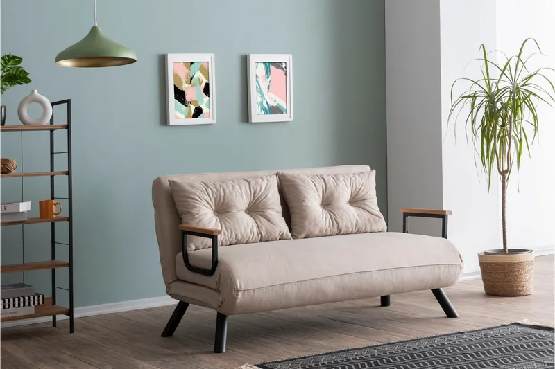 Alfredton 2-seter Utrettbar Sammenleggbar Sovesofa i Stoff med Metallben, Lysebeige