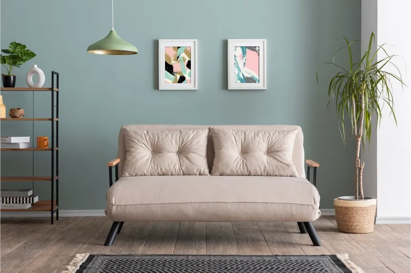 Alfredton 2-seter Utrettbar Sammenleggbar Sovesofa i Stoff med Metallben - Lysebeige - Møbler - Sofaer - Sovesofaer