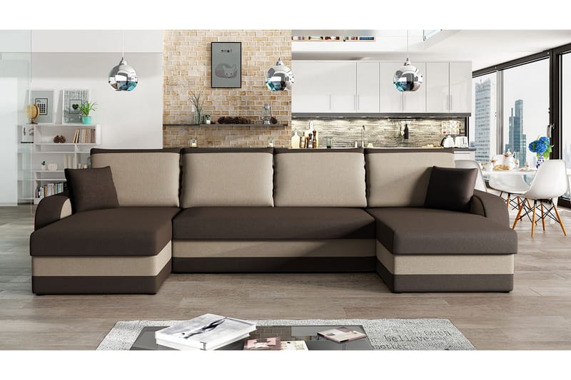 Alvared 4-seters Sovesofa med Dobbeldivan med Oppbevaring - Fløyel/Brun/Beige - Møbler - Sofaer - Sovesofaer