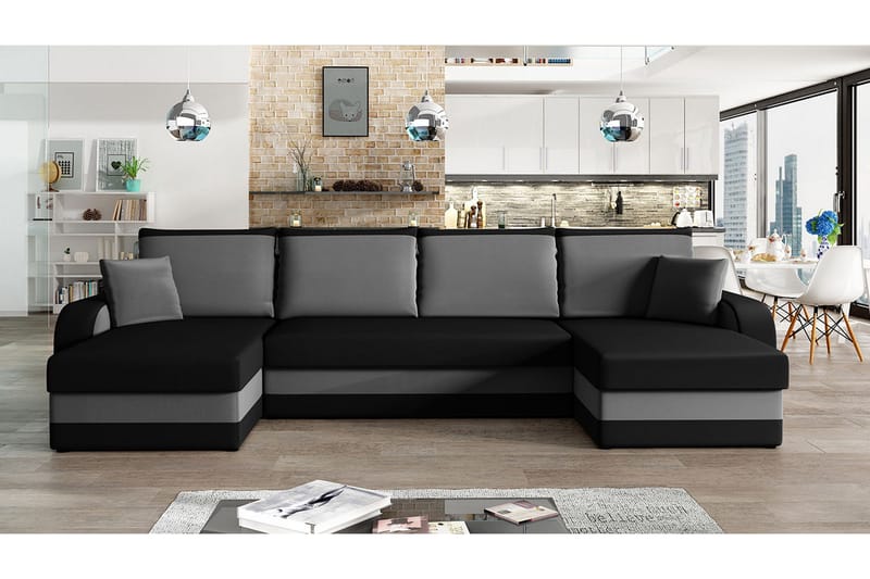 Alvared 4-seters Sovesofa med Dobbeldivan med Oppbevaring - Fløyel/Svart/Grå - Møbler - Sofaer - Sovesofaer