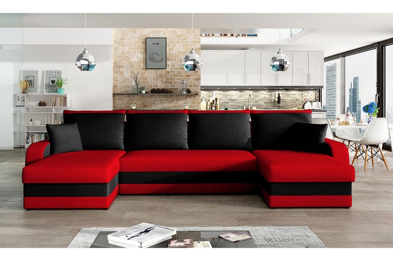 Alvared 4-seters Sovesofa med Dobbeldivan med Oppbevaring - Rød/Svart - Møbler - Sofaer - Sovesofaer