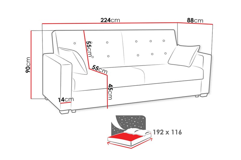 Bartek Sovesofa 224x88x90 cm - Sovesofaer - 3 seters sovesofa - Fløyel sofaer