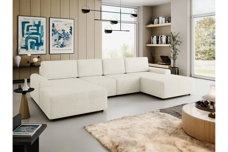 Bella Sovesofa med Dobbel Sjeselong 4-seter i Plysj - Beige - Møbler - Sofaer - Sovesofaer