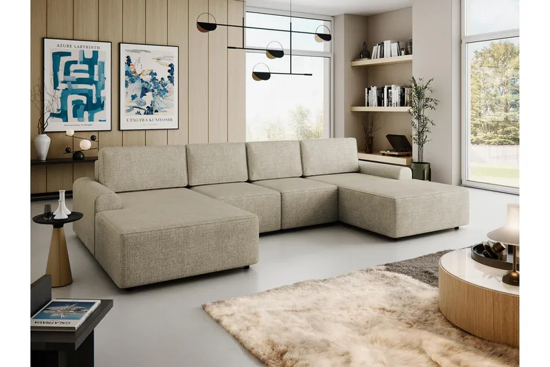 Bella Sovesofa med Dobbel Sjeselong 4-seter i Plysj - Beige - Møbler - Sofaer - Sovesofaer