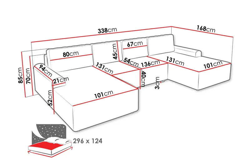 Bella Sovesofa med Dobbel Sjeselong 4-seter i Plysj - Grå - Møbler - Sofaer - Sovesofaer