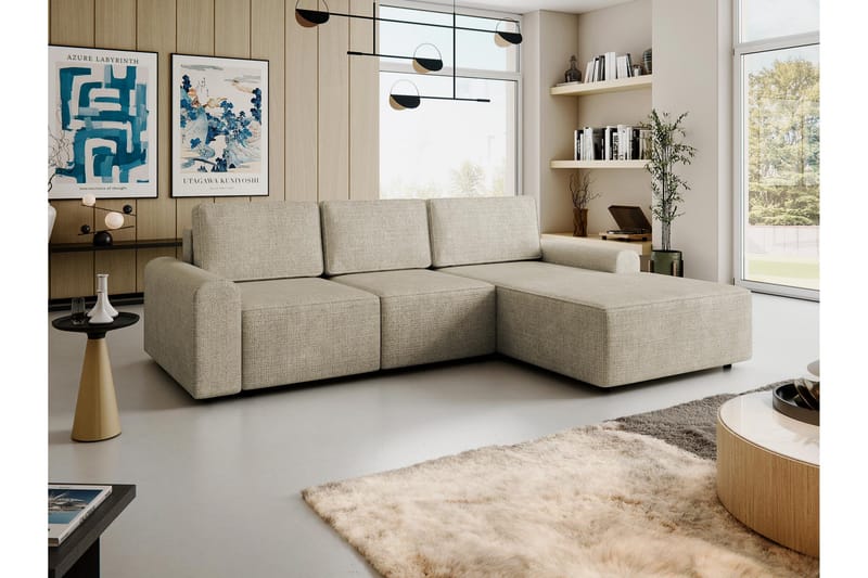 Bella Sovesofa med Sjeselong 3-seter i Plysj - Beige - Møbler - Sofaer - Sovesofaer