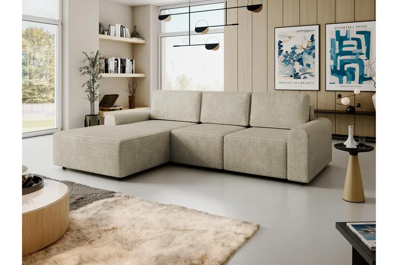 Bella Sovesofa med Sjeselong 3-seter i Plysj - Beige - Møbler - Sofaer - Sovesofaer