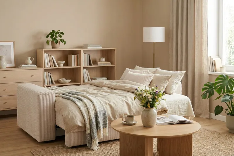 Bergen Ekstra dyp, 3-seters sovesofa med oppbevaring i manchester - Beige - Møbler - Sofaer - Sovesofaer