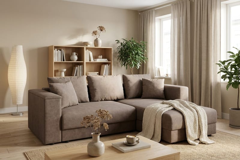 Bergen Ekstra dyp, 3-seters sovesofa med vendbar sjeselong og oppbevaring - Brun - Møbler - Sofaer - Sovesofaer