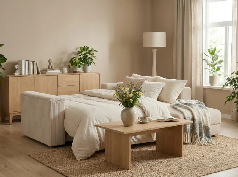 Bergen Ekstra dyp, 3-seters sovesofa med vendbar sjeselong og oppbevaring i manchester - Beige - Møbler - Sofaer - Sovesofaer