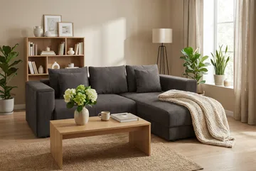 Bergen Ekstra dyp, 3-seters sovesofa med vendbar sjeselong og oppbevaring i manchester - Taupe - Møbler - Sofaer - Sovesofaer