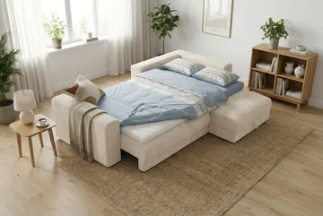 Bergen Ekstra dyp 3-seters sovesofa med divan og overmadrass i polyeterskum og vaskbart trekk - Beige - Møbler - Sofaer - Sovesofaer