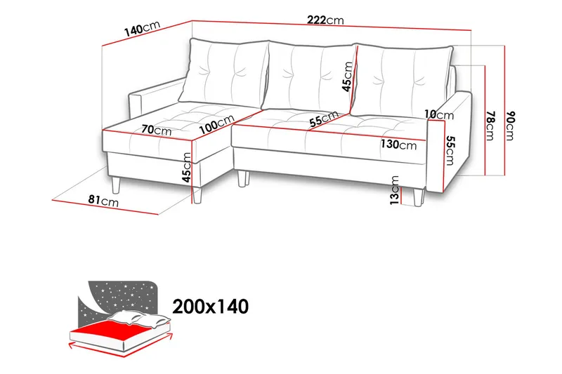 Bodo Divansovesofa 222x140x90 cm - Rød - Møbler - Sofaer - Sovesofaer