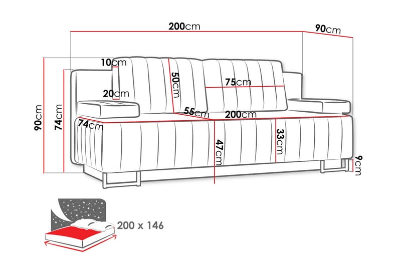 Bonsall 3-seter Sovesofa 146x200 cm med Oppbevaring i Stoff - Grå - Møbler - Sofaer - Sovesofaer