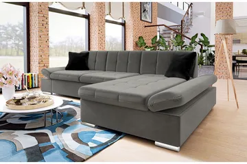 Branstad Hjørnesovesofa Høyrevendt 129x240 cm med Oppbevaring i Fløyel - Grå - Møbler - Sofaer - Sovesofaer