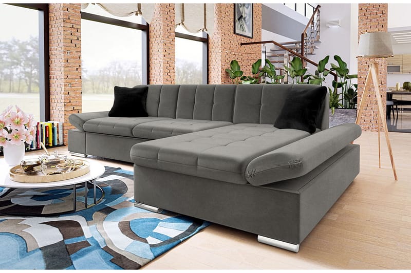 Branstad Hjørnesovesofa Høyrevendt 129x240 cm med Oppbevaring i Fløyel - Grå - Møbler - Sofaer - Sovesofaer