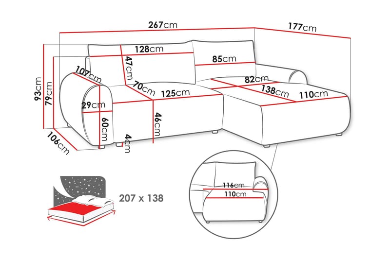 Burman Sovesofa med Sjeselong 3-seter i Manchester - Grå - Møbler - Sofaer - Sovesofaer