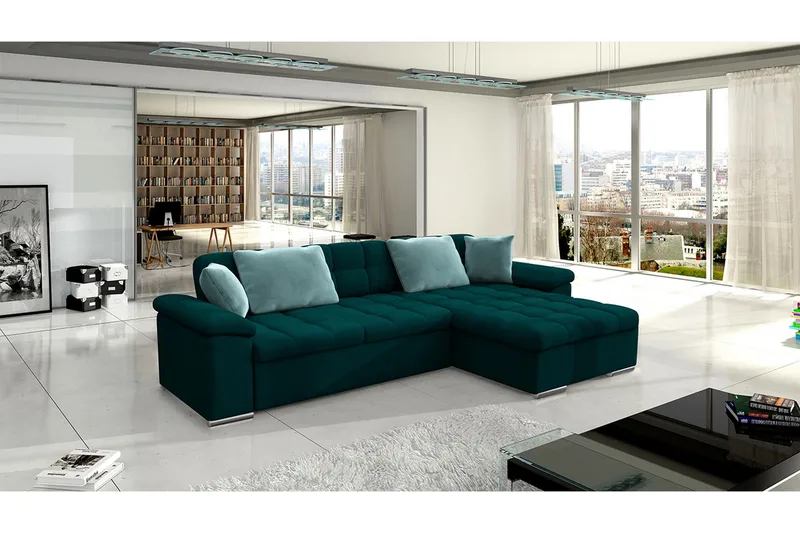 Camior 4-seter Høyrevendt Hjørnesovesofa 129x227 cm med Oppbevaring i Fløyel - Grønn - Møbler - Sofaer - Sovesofaer