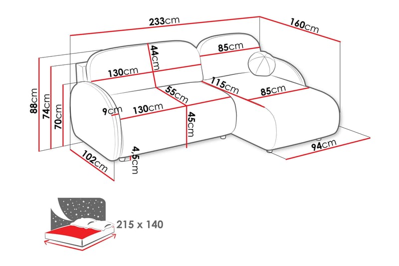 Carve 2-seter Venstrevendt L-formet Sovesofa med Sjeselong i Stoff - Rosa - Møbler - Sofaer - Sovesofaer