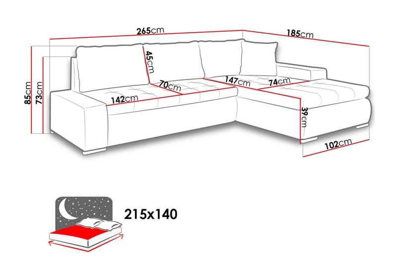 Cerys Divansovesofa 265x185x85 cm Universal - Møbler - Sofaer - Sovesofaer