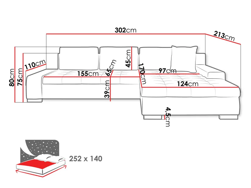 Cerys Venstre L-formet Sovesofa 140x252 cm med Oppbevaring i Stoff - Beige - Møbler - Sofaer - Sovesofaer
