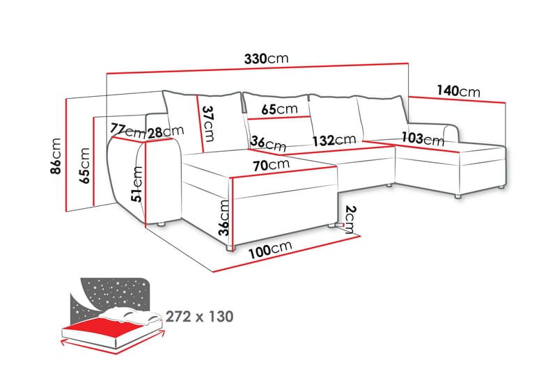Chameli Sovesofa med Dobbel Sjeselong 4-seter - Beige - Møbler - Sofaer - Sovesofaer