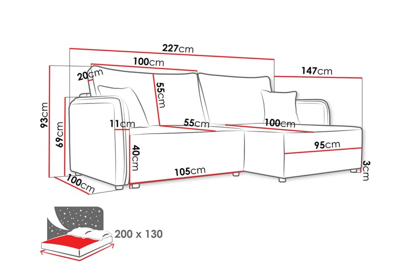 Chandru Sovesofa med Sjeselong 3-seter - Grå - Møbler - Sofaer - Sovesofaer