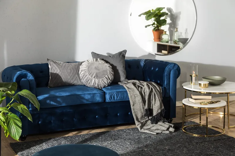 Chesterfield Lyx 3-seter Fløyelssofa – Dyp sofa - Blå - Møbler - Sofaer - Sovesofaer