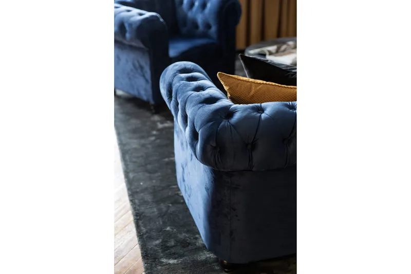 Chesterfield Lyx 3-seter Fløyelssofa – Dyp sofa - Blå - Møbler - Sofaer - Sovesofaer