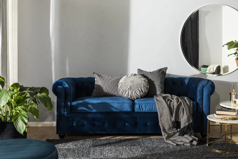Chesterfield Lyx 3-seter Fløyelssofa – Dyp sofa - Blå - Møbler - Sofaer - Sovesofaer