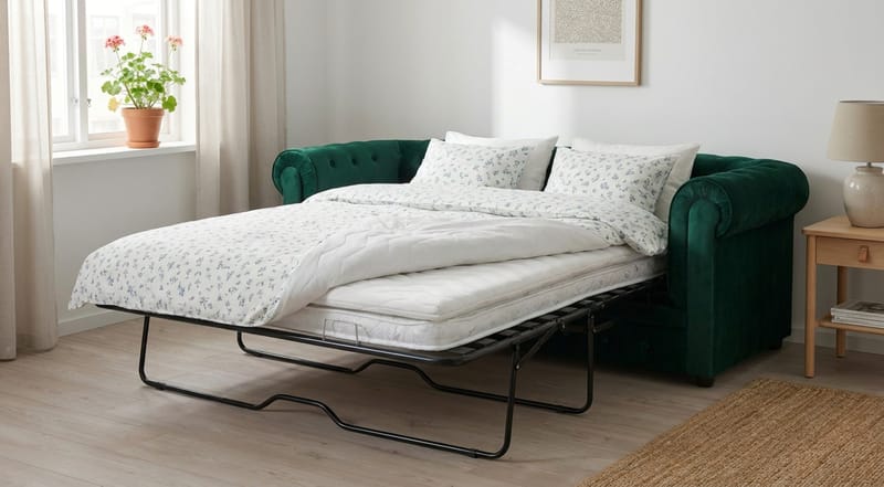 Chesterfield Lyx 3-seters framoverutslått sovesofa med HVILA overmadrass 140x200 cm lateks med vaskbart trekk - Grønn - Møbler - Sofaer - Sovesofaer