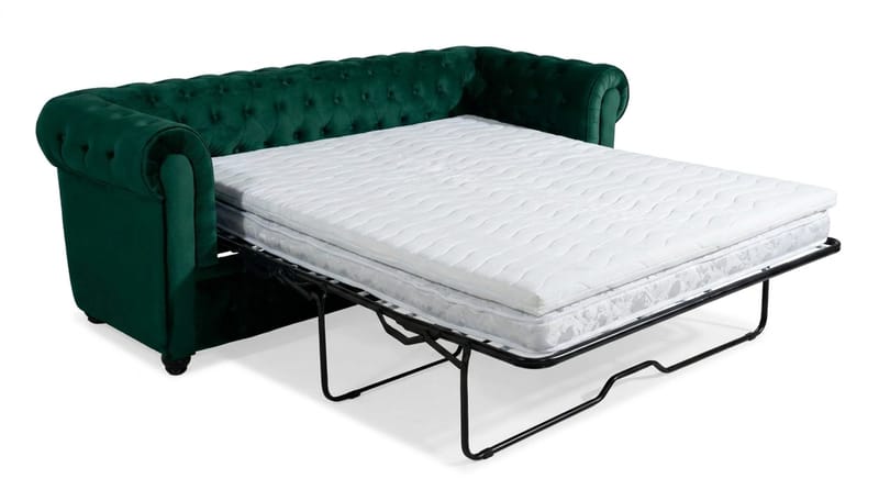 Chesterfield Lyx 3-seters framoverutslått sovesofa med HVILA overmadrass 140x200 cm lateks med vaskbart trekk - Grønn - Møbler - Sofaer - Sovesofaer