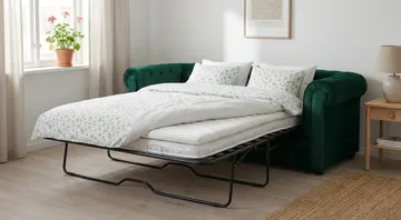 Chesterfield Lyx 3-seters framoverutslått sovesofa med HVILA overmadrass 140x200 cm polyesterskum vendbar sommer- og vinterside og vaskbart trekk - Grønn - Møbler - Sofaer - Sovesofaer
