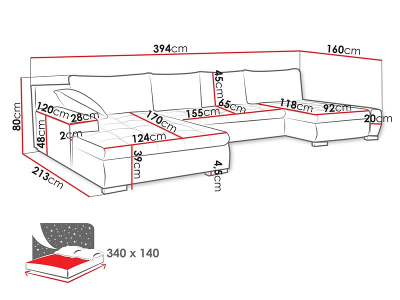 Cillo 5-seters U-formet sovesofa med dobbeltdivan - grå - Møbler - Sofaer - Sovesofaer
