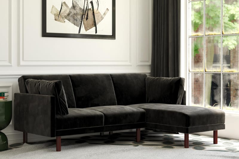 Clair 3-seters Sovesofa med Sjeselong Justerbar Fløyel/Svart - Dorel Home - Møbler - Sofaer - Sovesofaer
