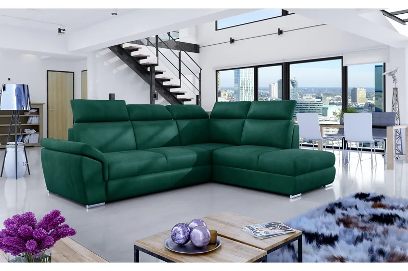 Coroniella Høyrevendt Hjørnesovesofa 125x190 cm med Oppbevaring i Plysj, Grønn