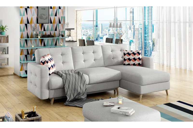Deadra 3-seter Høyre Sovesofa 120x210 cm med Oppbevaring i Stoff, Grå