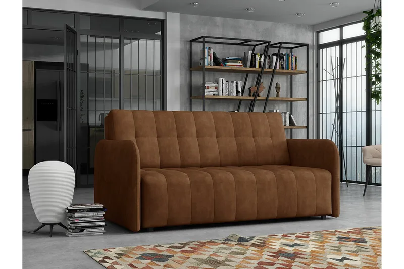 Denegal 3-seter Uttrekkbar Sovesofa 152x196 cm med Oppbevaring i Stoff - Cognac - Møbler - Sofaer - Sovesofaer