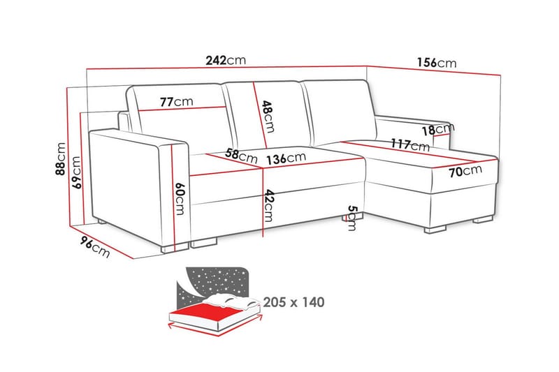 Denegal 3-seters Hjørnesovesofa - Lysegrå - Møbler - Sofaer - Sovesofaer